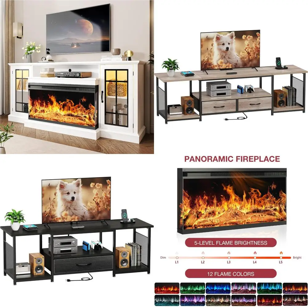 36 Soporte para TV rústico con chimenea de 3 caras para 80 televisores, mesa consola para centro de entretenimiento con puertas de vidrio