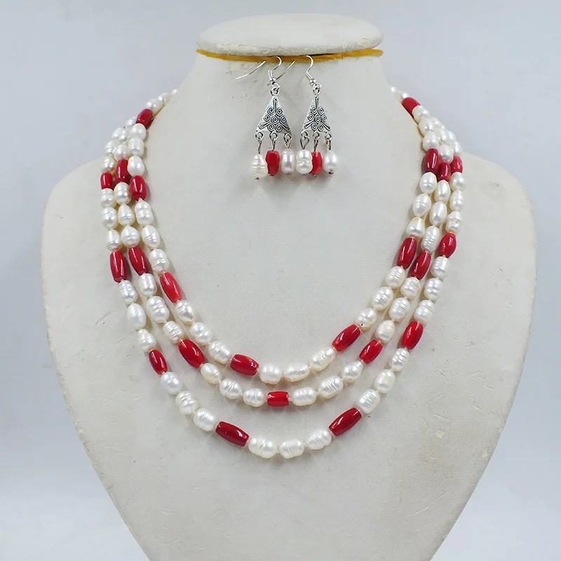 

3-row 7-8MM natural cultured white pearl/coral necklace, European women's wedding jewelry