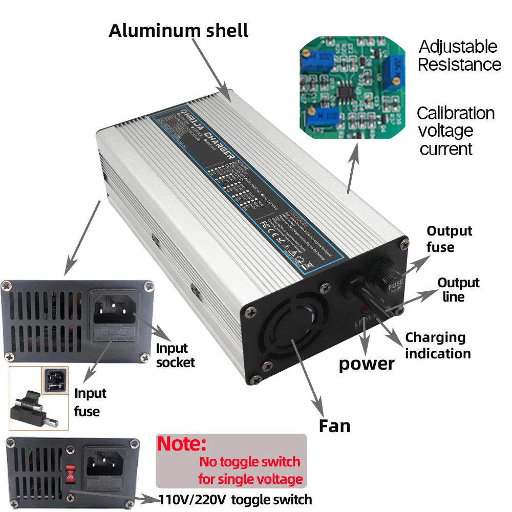 Ładowarka 14.6V 20A do 10Ah do 100Ah 12.8V LiFePo4 4s ładowarki LiFePo4 12V srebrne aluminiowe koperta ze stopu inteligentne wentylatory OHRIJA