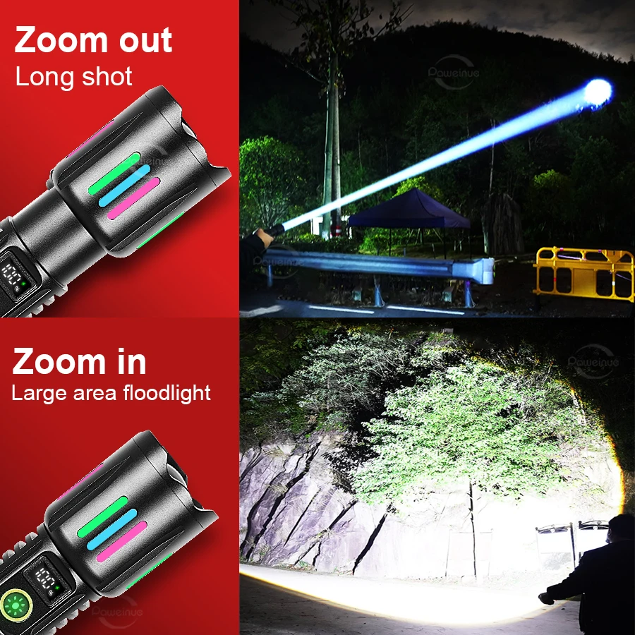 800W High Power White Laser Flashlight with Luminous Strips 3500 Meter Long-Range TYPE-C USB Rechargeable Zoomable Camping Lamp