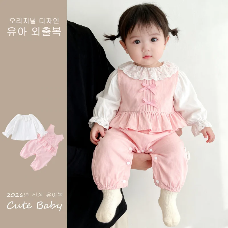 

Spring fashion trendy baby romper set, newborn top and overalls two-piece set, spring and autumn outing outfit