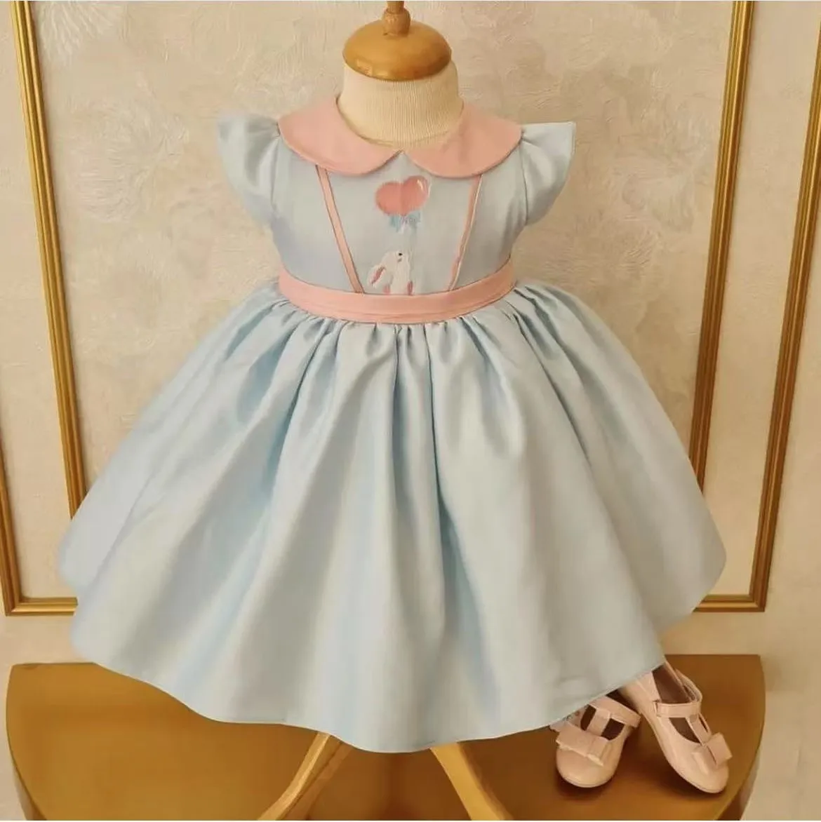 

0-12Y Baby Girl Summer Rabbit Embroidery Blue Vintage Princess Ball Gown Dress for Party Eid Birthday Usual Photograph B375