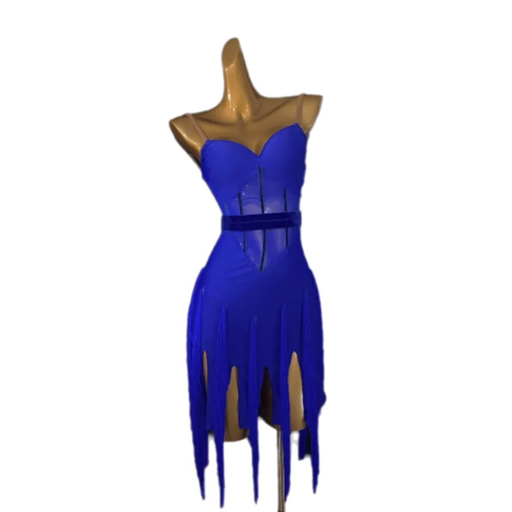 Sukienka do tańca latynoamerykańskiego AB Stone, damska, dla dorosłych i dzieci, ekskluzywna, szyta na miarę, z paskami, frędzlami, czarna, do samby, na występy.