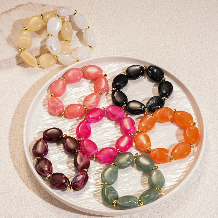 Trendige bunte marmorierte unregelmäßige ovale Perlen elastische Armbänder Boho Harz geometrische Perlen Armreifen Armband 2026 Modeschmuck – Detail 5