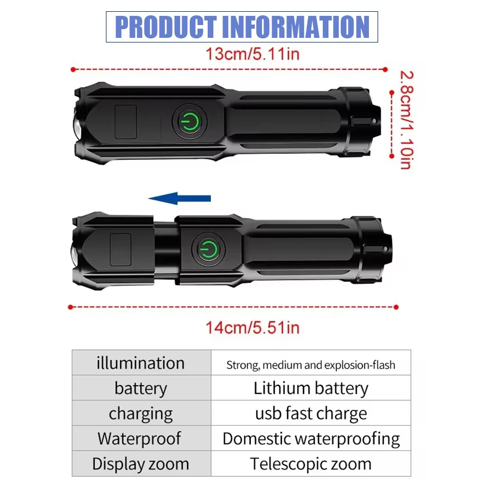 Powerful LED Flashlight Rechargeable USB Waterproof Zoom Fishing Hunting Camping 100,000 Lumens Tactical Flashlight LED