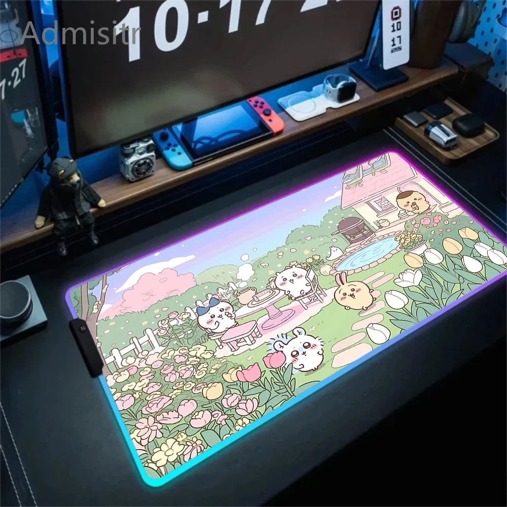 

Anime LED Mouse Pad Chiikawa Cartoon Mousepad Gaming Mat Laptop Deskmat Office With Backlight Carpets Rugs RGB Cool Momo Pads