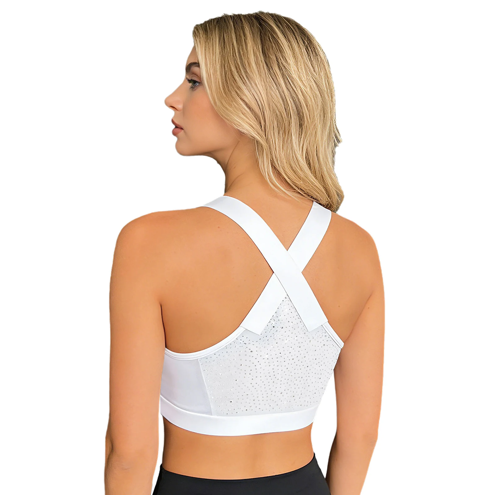 Yoga-Tops für Damen, Kreuz-Sport-BH, Fitnessstudio, Fitness, Workout-Tops, Sportbekleidung, ärmellos, glänzende Strasssteine, durchsichtiges Mesh-Rücken-Crop-Top