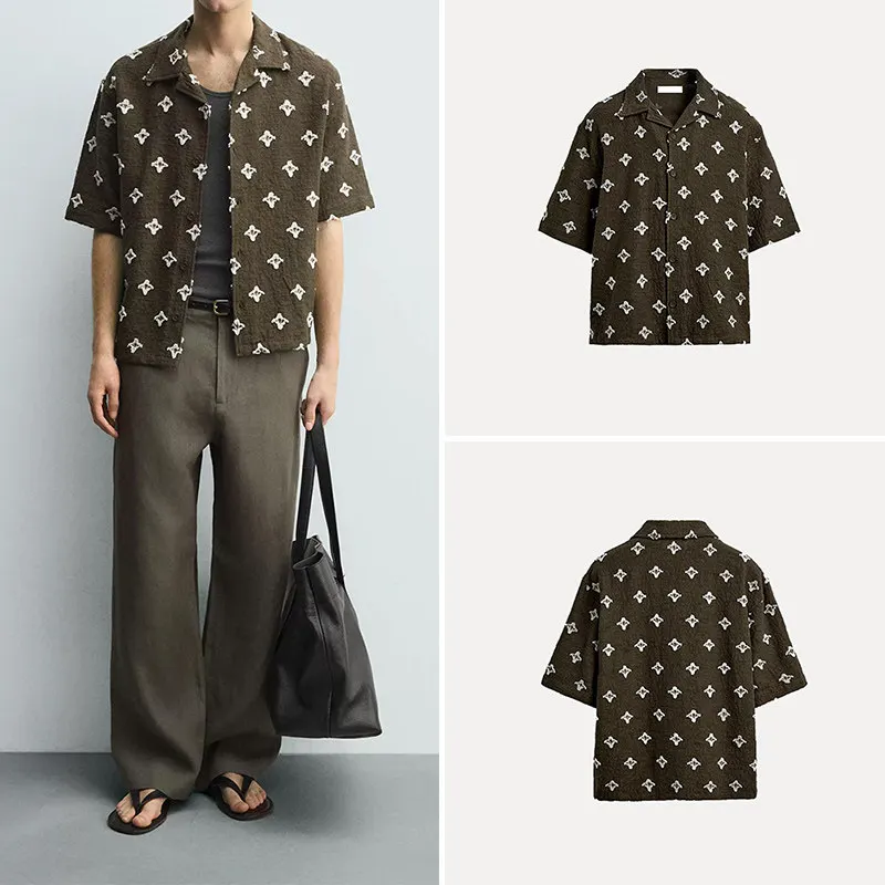 

Men's Fashion Summer Shirt Loose Cross Print Short Sleeve Casual Style Button up Regular Length Open Cardigan Style