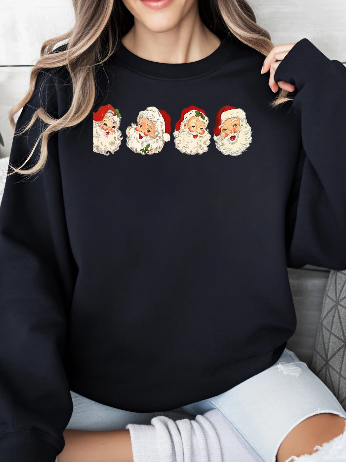 

Рождественский свитшот с изображением Санта-Клауса, женская повседневная праздничная одежда, черный, больших размеров