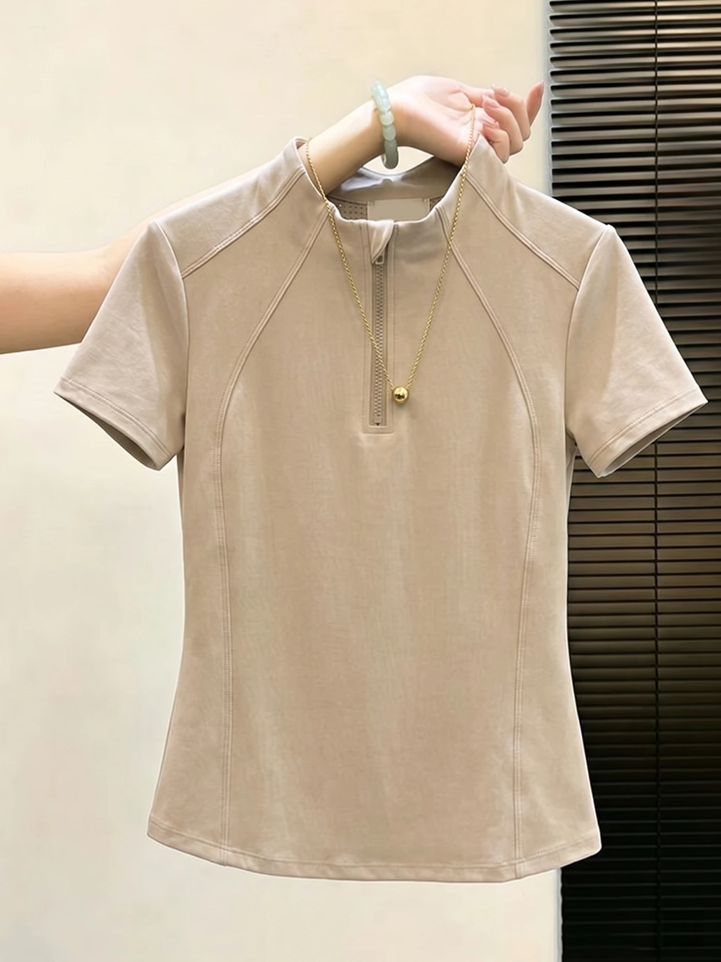 

Korean Style Pure Color Half Zip Short Sleeve T-Shirt Simple Comfortable Summer Commute Basic Shirt Fashionable Versatile Top