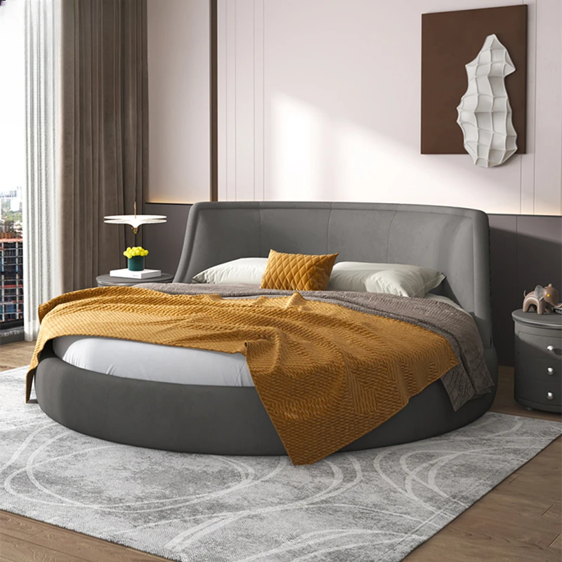 

Fabric round bed, double removable and washable, small apartment high-grade gray princess wedding bed, modern simplicity,