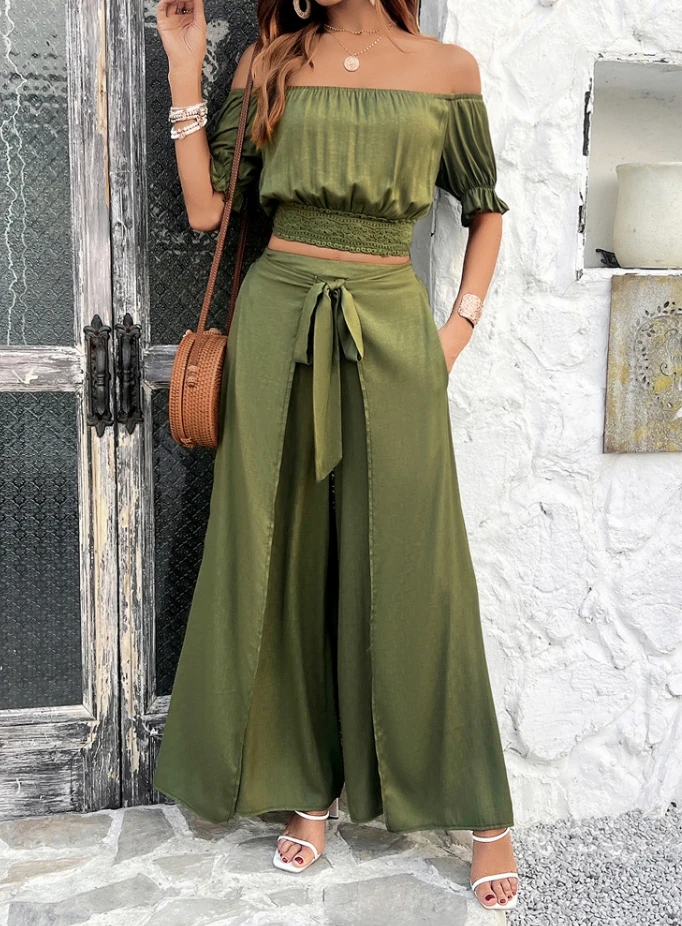 Women's Two-piece Casual 2024 Summer Solid Color Short Sleeve Crop Top and Tie Detail High Waist Overlapping Wide Leg Pants Set