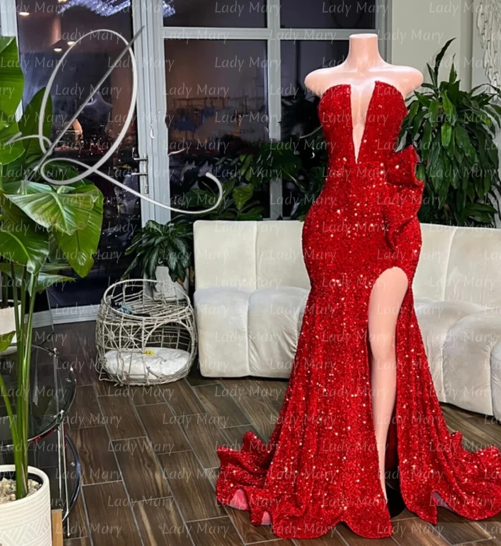 بريق الترتر فساتين لحضور الحفلات الموسيقية الأزرق الملكي العميق الخامس بقماش شفاف أنيقة المرأة فساتين السهرة عالية الشق رداء حفلات الزفاف حسب الطلب #2