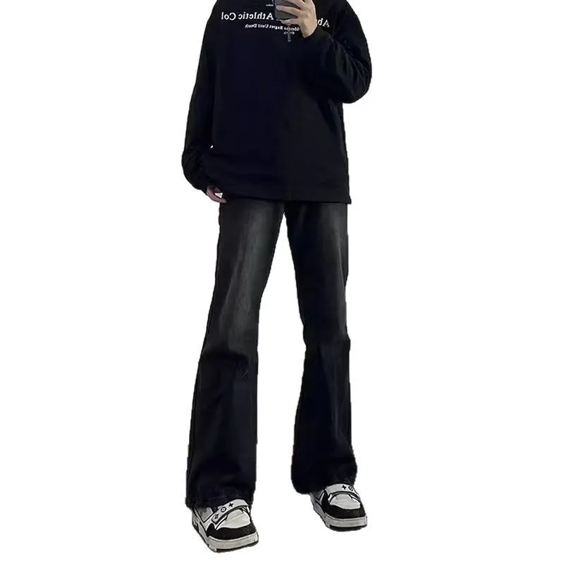 Black Gray Slightly Pulled Jeans Men's Summer Thin Straight High-end Pants Retro High Street Trousers