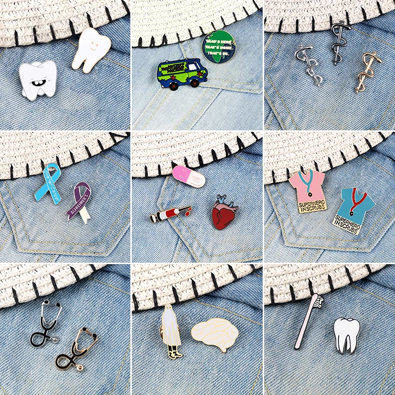 Health Medical Pins Set! 2-3Pcs Stethoscope Brooches Enamel Heart Brain Teeth Badge Serpent Scepter Shirt Lapel Pin Jewelry Gift