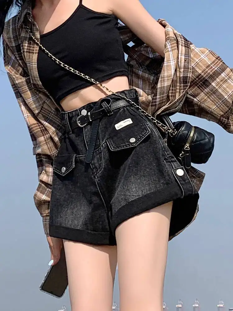 

Roll Up Hem Denim Shorts Women Fashion Summer High Waist Pockets Female Straight Leg Jean Shorts For Woman