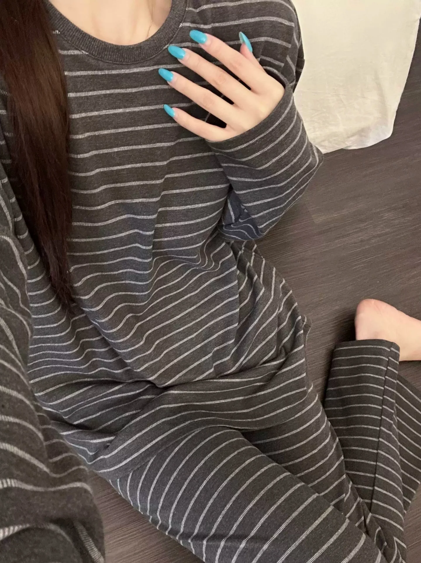 Sleepwear Women Gray White Stripe Round Neck Long Sleeve Loungewear Nightwear Korean Style Vintage Casual Pajamas Set Autumn