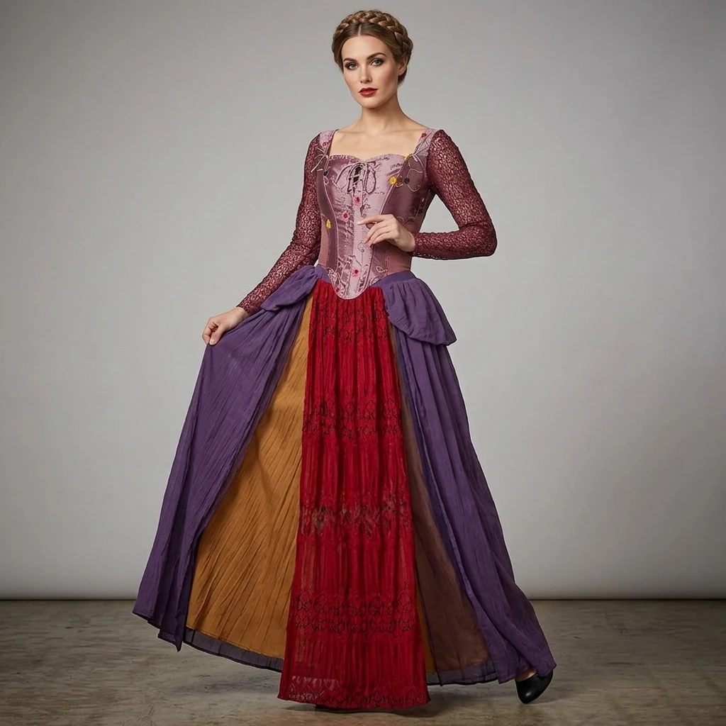 Lustiges Hexenkleid für Damen, Karneval, Party, mittelalterliches Hexenkleid, lila Kleid, Halloween-Paradekostüm, Cosplay-Outfit, langes Kleid.