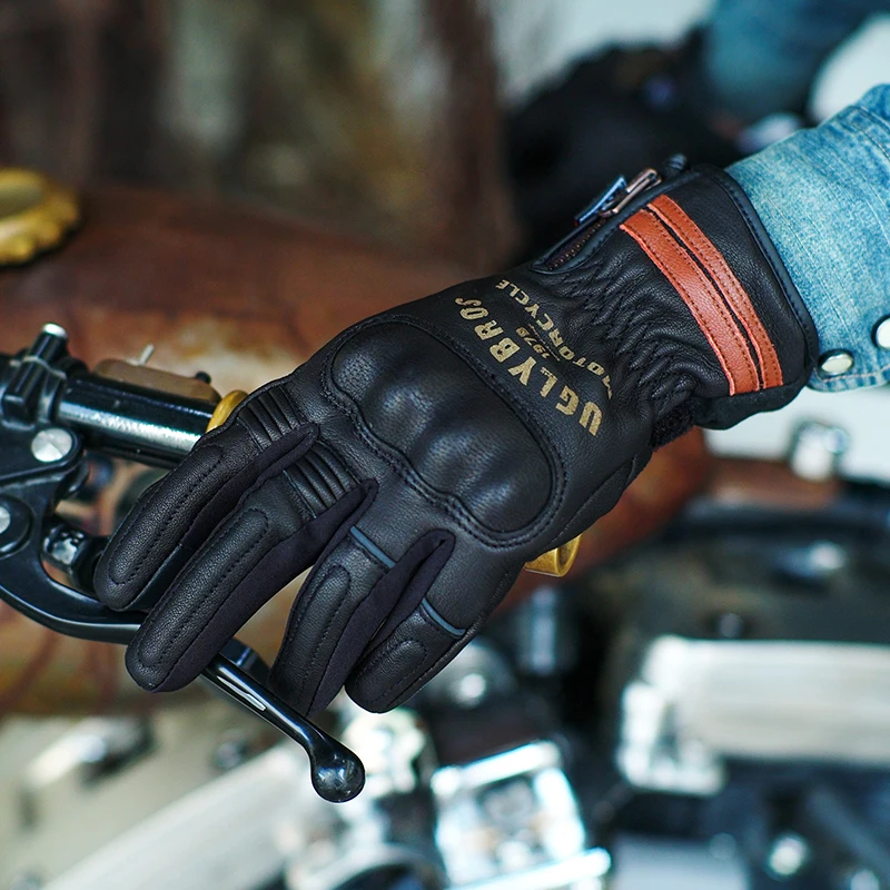 

Uglybros Vinatge Motorcycle Gloves Winter Black Retro Leather Motorcyclist Guantes Motorbike Motocross Glove All Size S-XXL