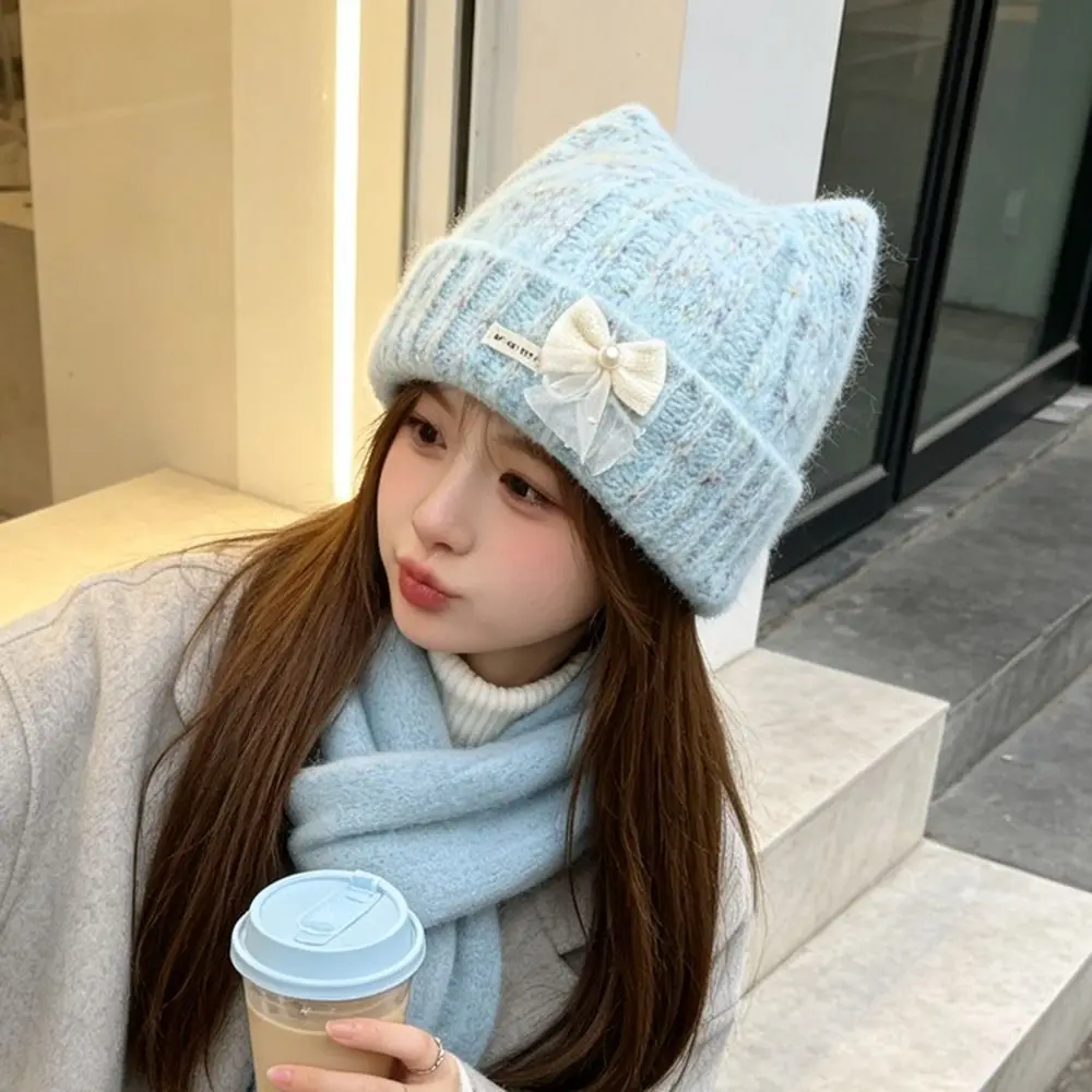 Stylish Polyester Cat Ear Beanie Hat Large Head Size Melange Yarn Warm Cuffed Beanie 56cm to 60cm Knitted Winter Hat Women Wear