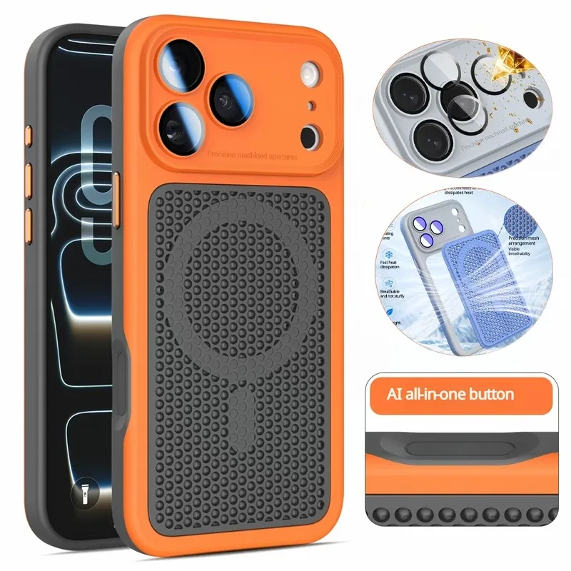 Luxuriöse Wärmeableitungs-Mesh-Magnet-Hülle für iPhone 18 17 16 15 14 Plus 13 Pro Max für MagSafe, farbige, stoßfeste Hartschale