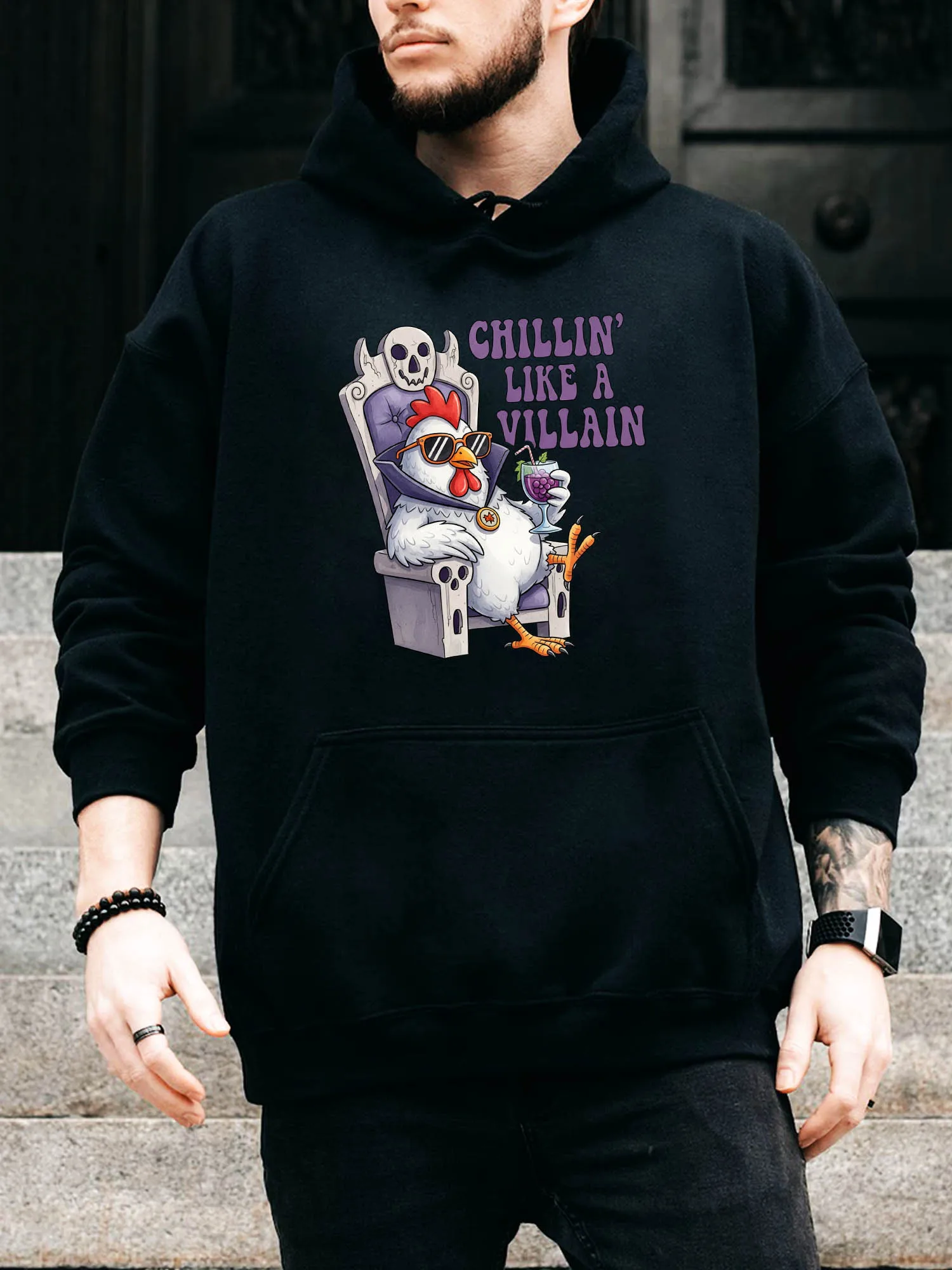 

Мужская толстовка Chillin Like a Villain на шнурке — повседневный удобный черный пуловер, осенне-зимняя толстовка с капюшоном