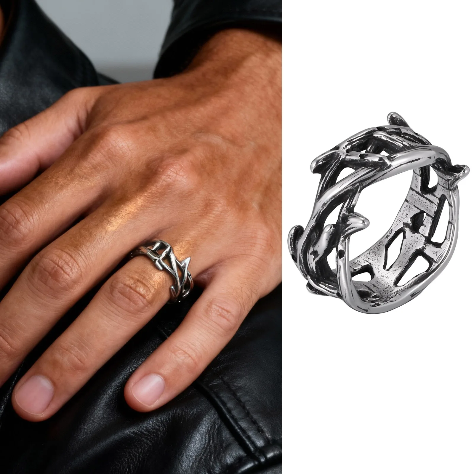 Punk Vintage ethnische Ringe für Männer, Retro Wikinger Knoten Rune Finger Band, schwarzer geometrischer quadratischer Stein Siegelring Schmuck