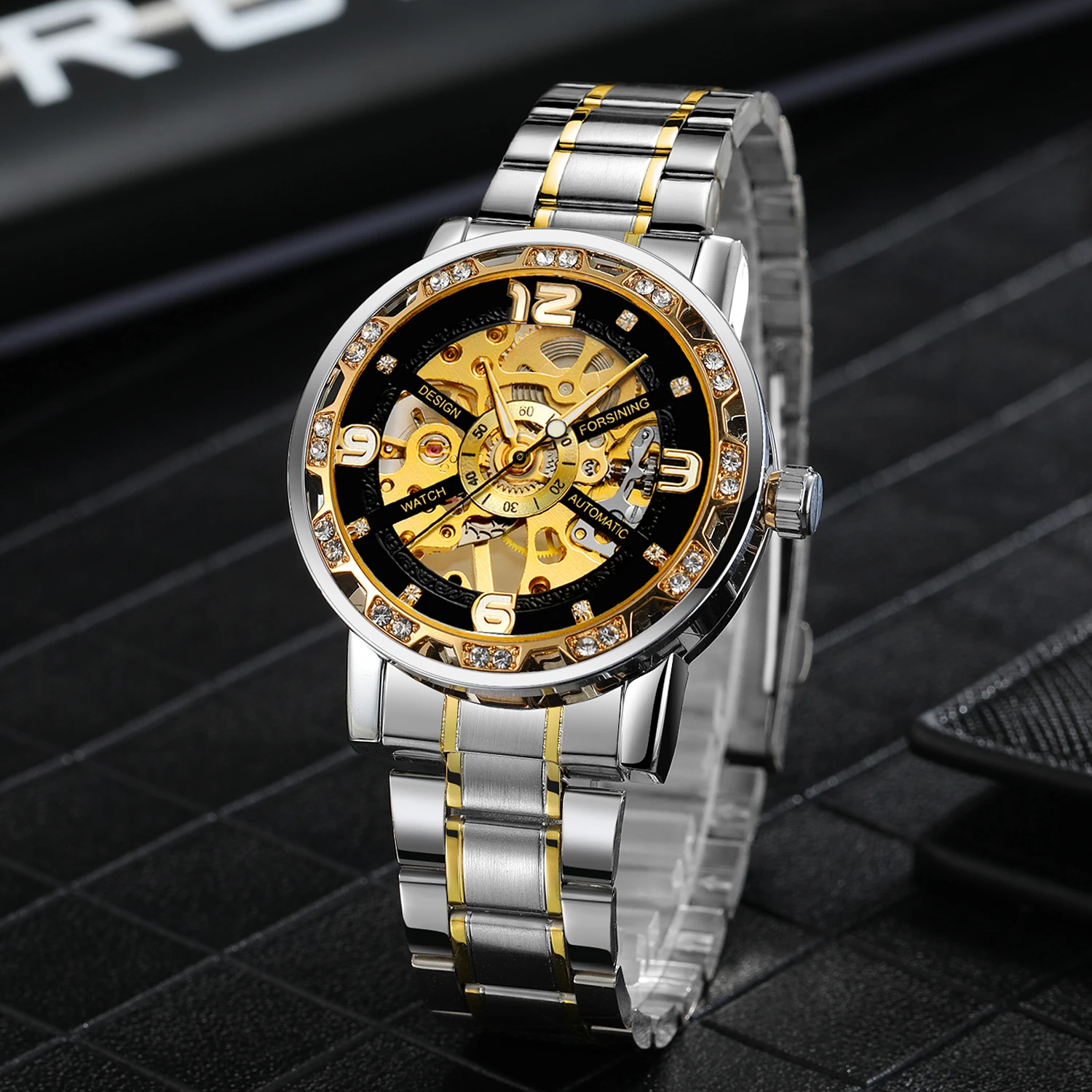 Fashion Forsining Brand Diamond Luxury Golden Sliver Skeleton Mechanical Full Stainless Steel Luminous Men Sport Business Watch