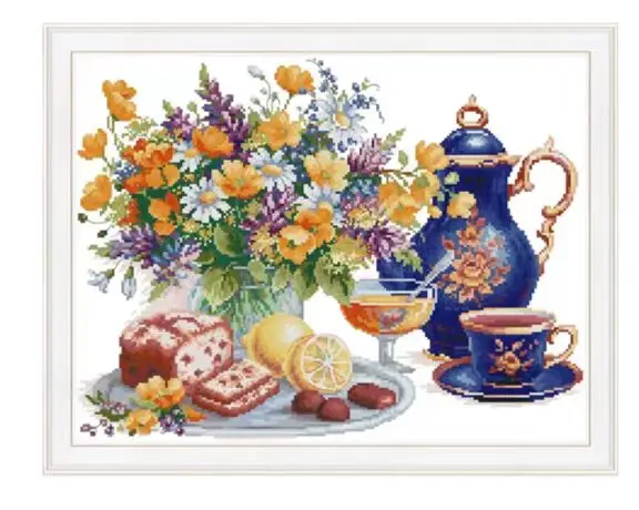 Bouquet afternoon tea 18CT 16CT 14CT Unprinted Top Quality Cross Stitch Kits Embroidery Art DIY Handmade Needlework Home Decor