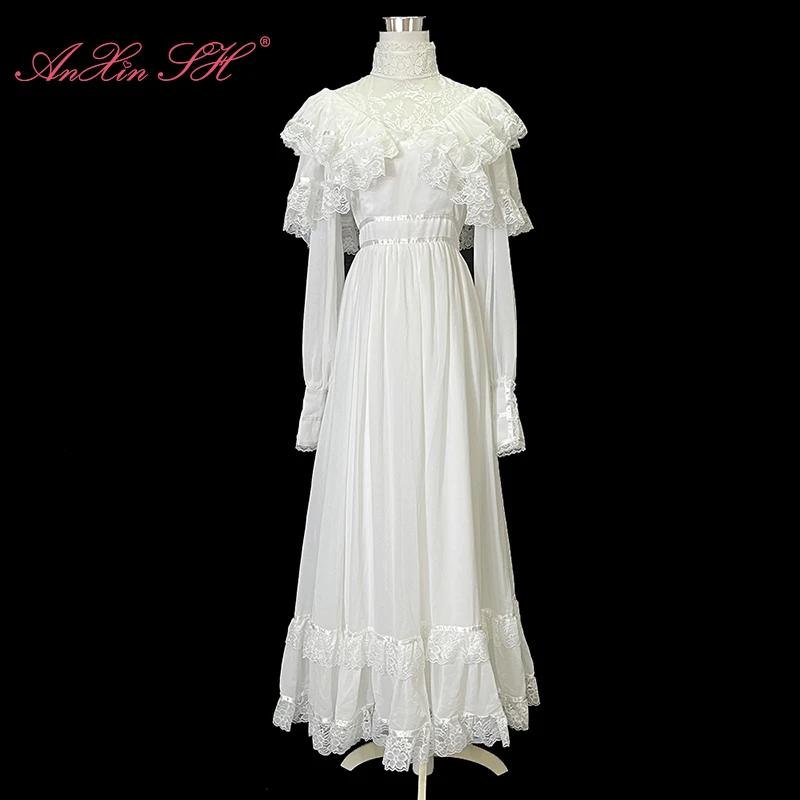 

AnXin SH белое шифоновое вечернее платье принцессы с круглым вырезом и длинными рукавами, иллюзия, цветочное кружево, трапециевидное платье с оборками на молнии, вечернее платье по индивидуальному заказу