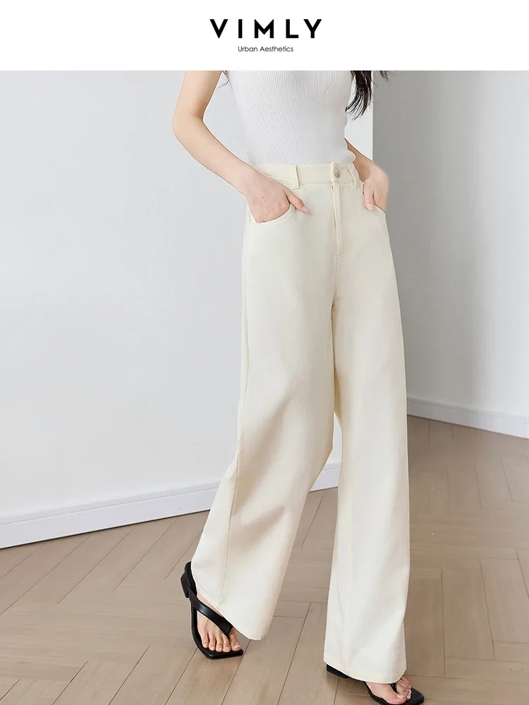 VIMLY Women 100% Cotton Casual Basic Straight Pants 2025 Spring Office Lady Wide Leg Pants Simple Loose Trousers Women Clothing