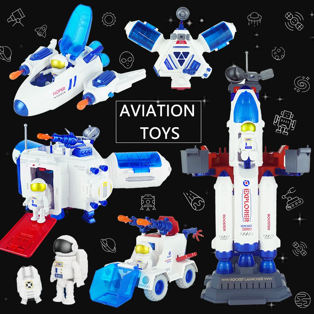 

5in1 Science Space Toy Set Spaceship Rocket Aerospace Family Figure Model With Music Space Shuttle Capsule For Boy Birthday Gift