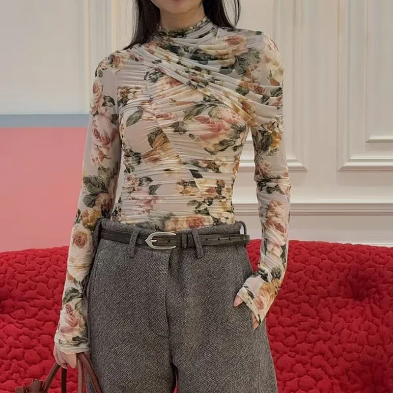 

Women's Printed Pleated Blouse, Asymmetric Long-Sleeve Base Layer, Casual Commuter T-Shirt, 2026 Spring New Arrival, Y2K Style