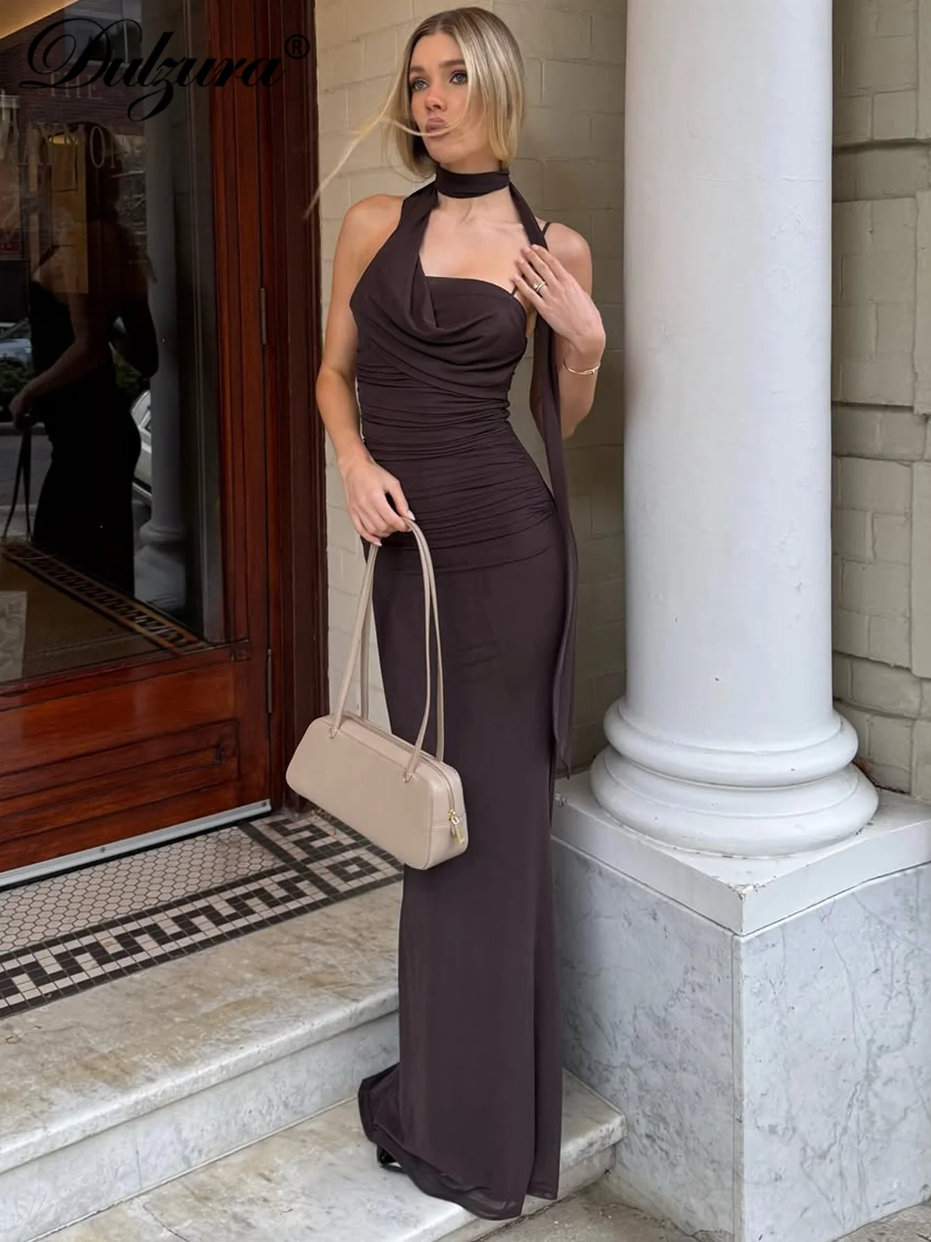 Dulzura Abito lungo da donna senza maniche, senza schienale, vestibilità slim, con nastro increspato, abito lungo, solido, sexy, elegante, per feste, club, outfit estivo