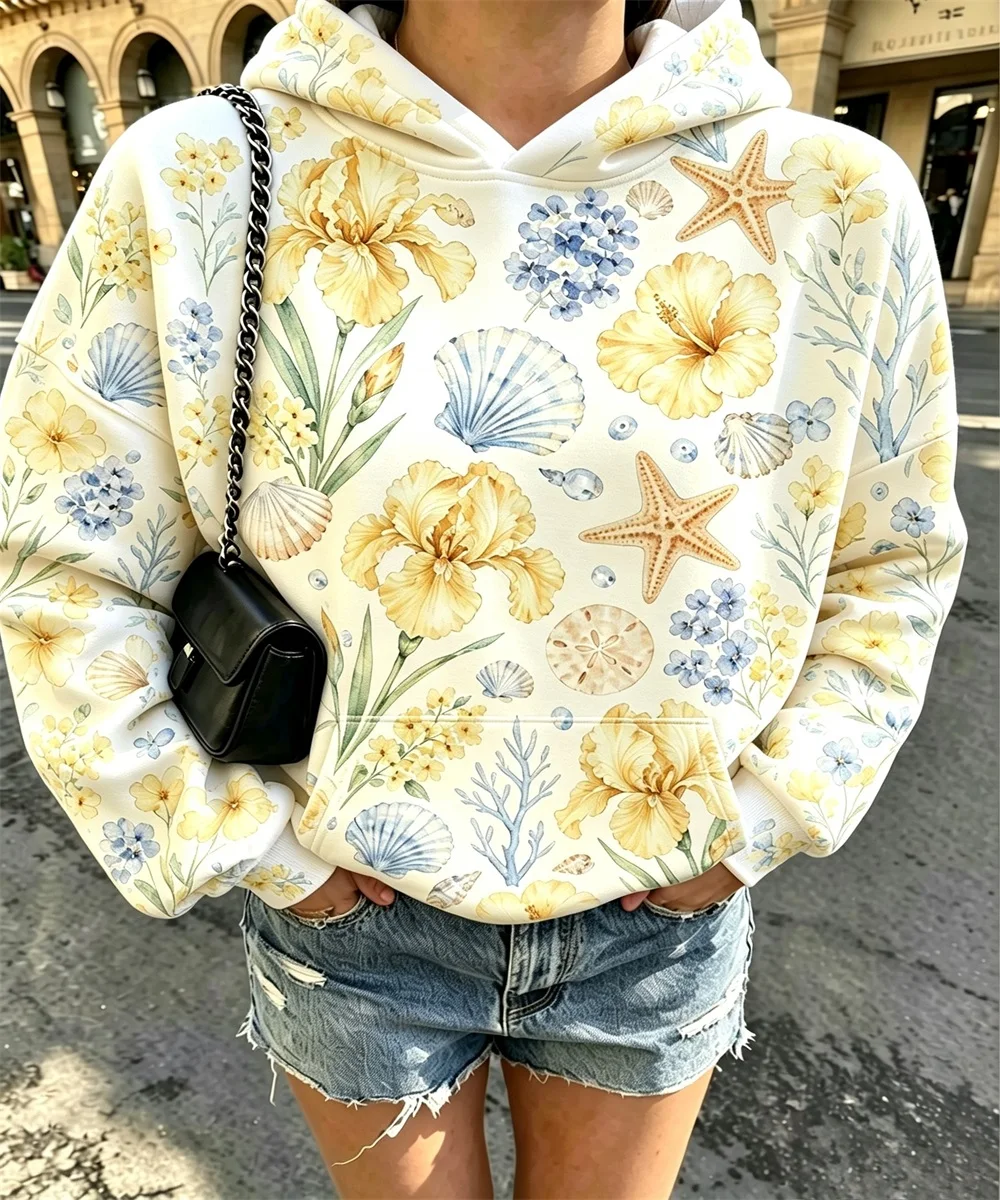 2026 Autumn Women's New Watercolor Ocean Flower Printed Hoodie, Fresh Art Leisure Style Sportswear