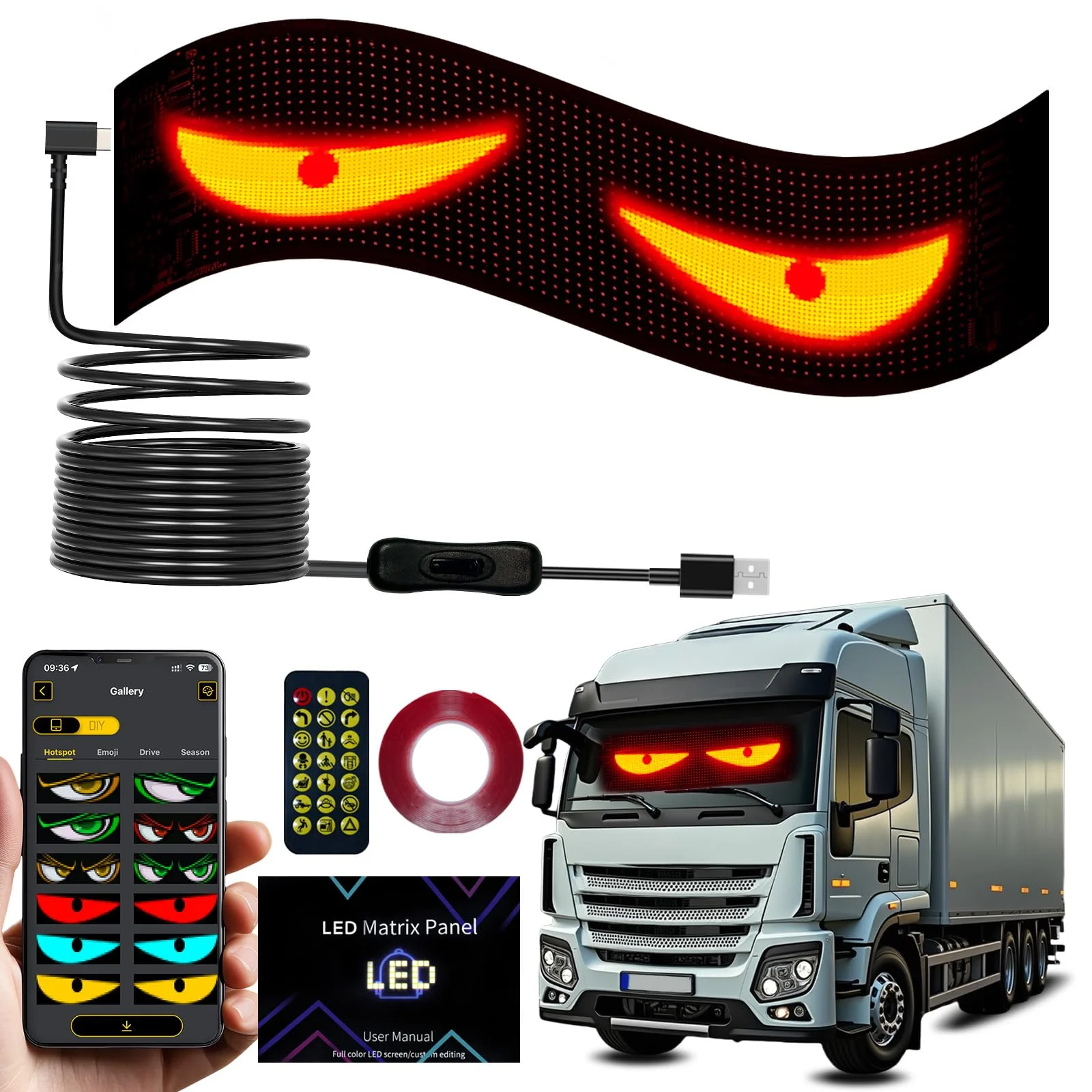 Devil Eyes Light for Truck Car Devi Scrolling Bright Advertising LED Signs,Flexible USB 5V LED Car Sign Bluetooth App Control