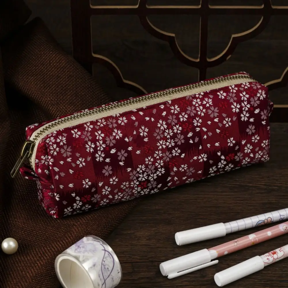 Vintage Chinese Style Embroidery Pencil Case Knitted Flower Crane Pattern Cosmetics Bag Silk Brocade Pencil Pouch