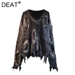 DEAT Women's Sweater Knitted Loose Broken Holes Washed Irregular Black V-neck Short Pullover 2024 New Fashion Autumn 11A01761