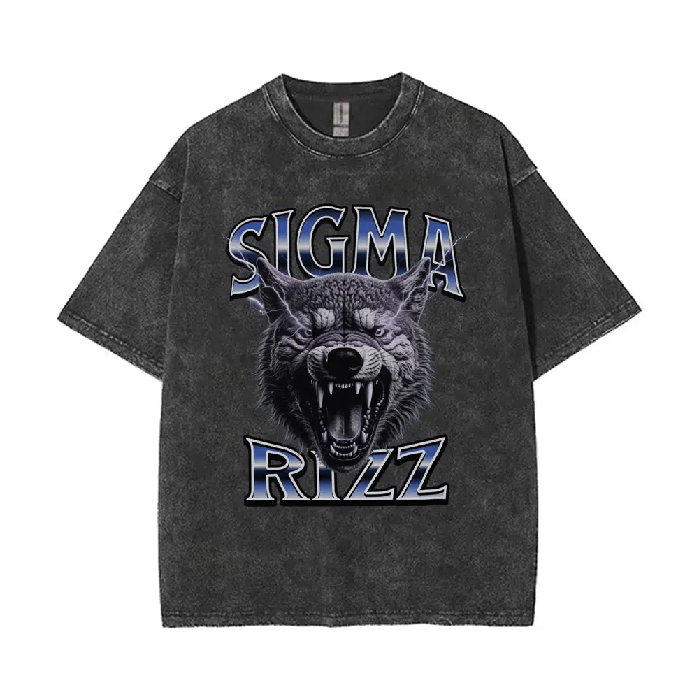 Washed  Vintage Sigma Rizz Wolf Graphic T Shirts Men Women Hip Hop Oversized Short Sleeves T-shirts Men's Casual Funny T-shirt