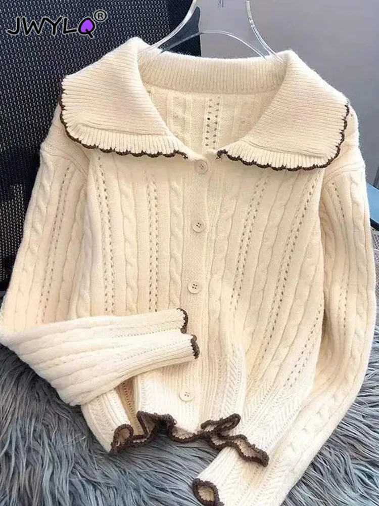 

Korean Sweet Peter Pan Collar Single-breasted Knitted Sweater All-match Twist Hollow Out Cardigan Top New Fashion Hit Color Coat