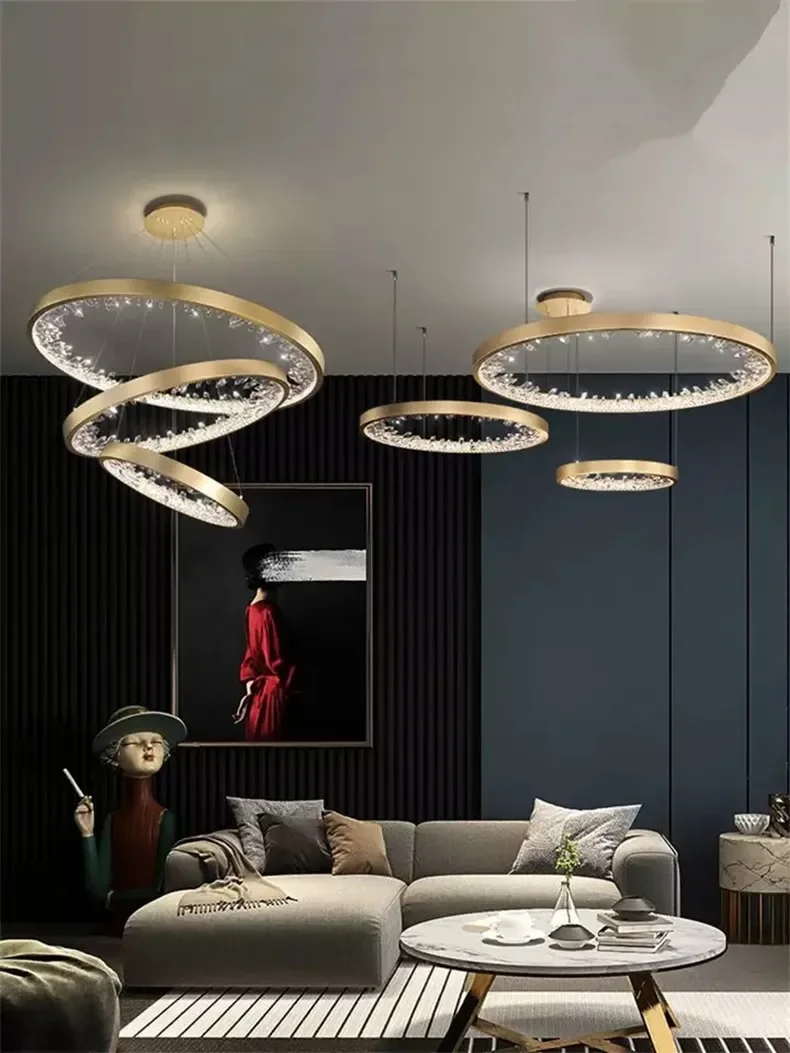 moderno k9 cristal led anel lustre regulavel lustre circulo pendurado lampada sala de estar sala de jantar quarto lustre luminaria led 01