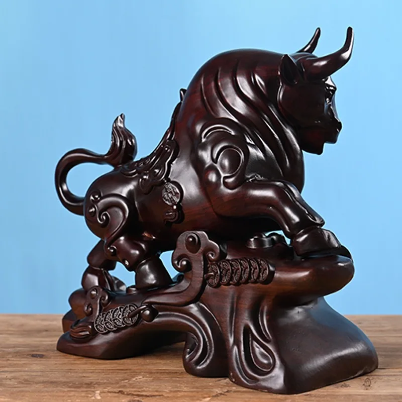 Ebony Wood Carving Wealth and Power Ruhong Cow Ornaments Rosewood Boisterous Twelve Zodiac Wooden Handicraft Gift