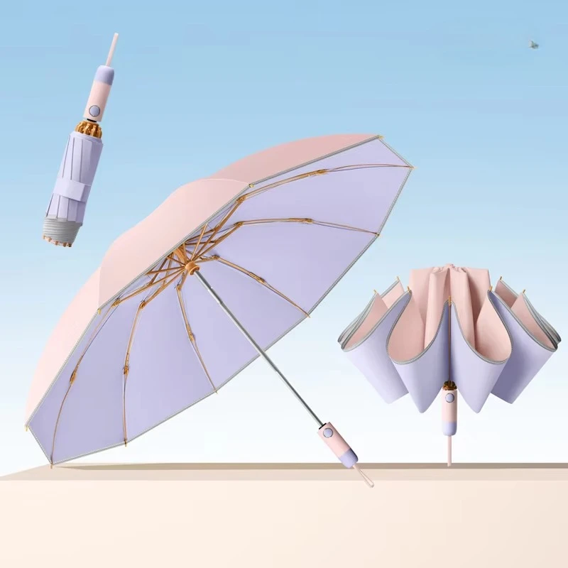 UV UPF50+ Color Coating Parasol, Reverse Windproof Automatic Umbrella, Sunny and Rainy Folding Umbrella for Women and Men