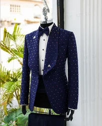 Sparkly Navy CrystalWedding Groom Diamonds Men Suits 2 Pieces Blazer Pants One Button Tuxedo Formal Work Wear Plus Size Tailored