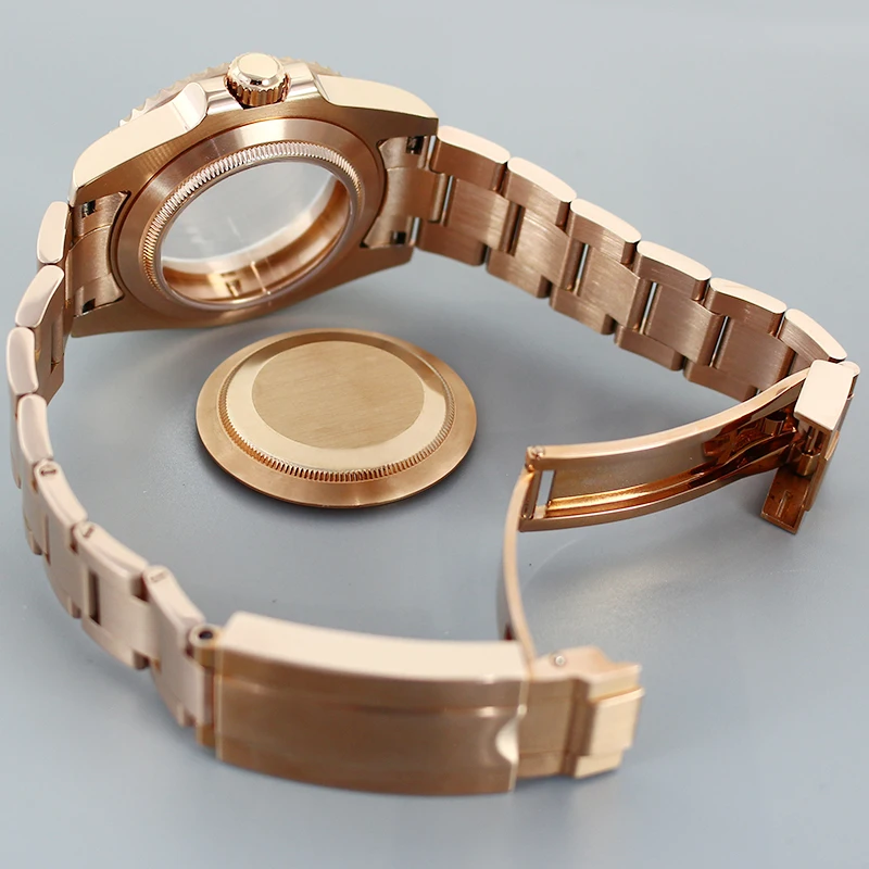 Fanya 40mm NH35 Casos de relógio de aço inoxidável pulseiras de ouro rosa safira resistente à água para Seiko NH35 NH36 8205 8215 SUB Eta 2824