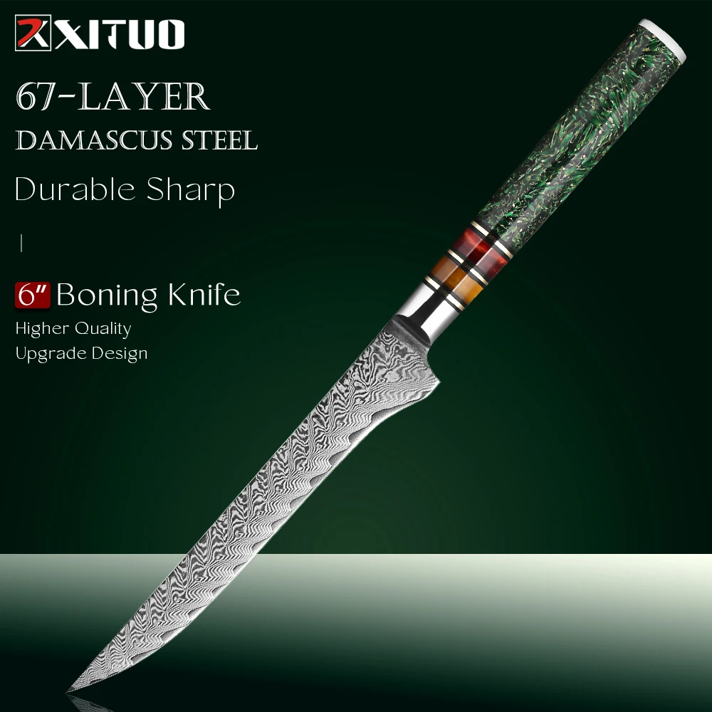 Japanese Fillet Knife, 6 inch Meat Boning Knife with VG10 Steel Core, Damascus Steel, Flexible Blade,Rice Husk Resin Handle