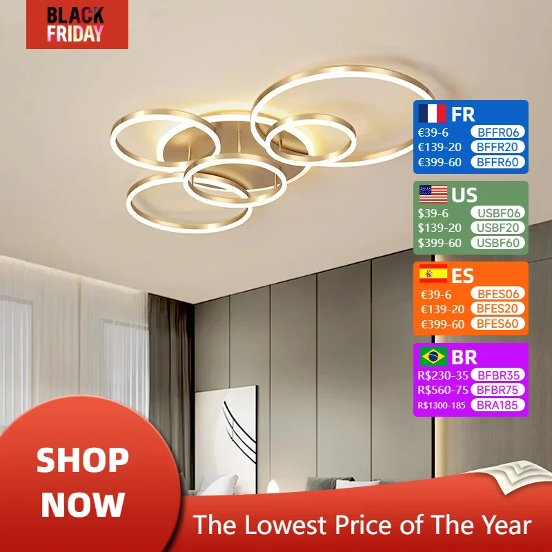 

Modern 5 Ring Ceiling Chandelier Black Gold White for Living Room Bedroom Furniture Led Lights Lusters Luminaires Home-appliance