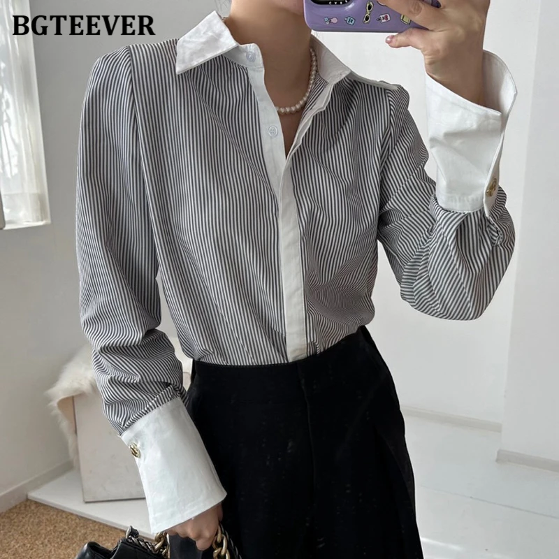 BGTEEVER Casual Long Sleeve Loose Women Striped Shirts Tops Spring Summer Lapel Single-breasted Patchwork Blouses Female