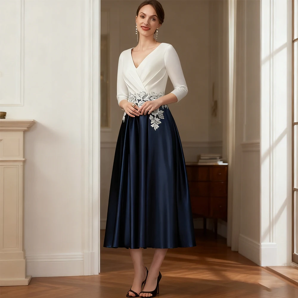 

Three Quarter Mother of Bride Dresses with Lace Tea Length Wedding Party Gown Pleat Satin Vestido De Noche 2025 Summer New