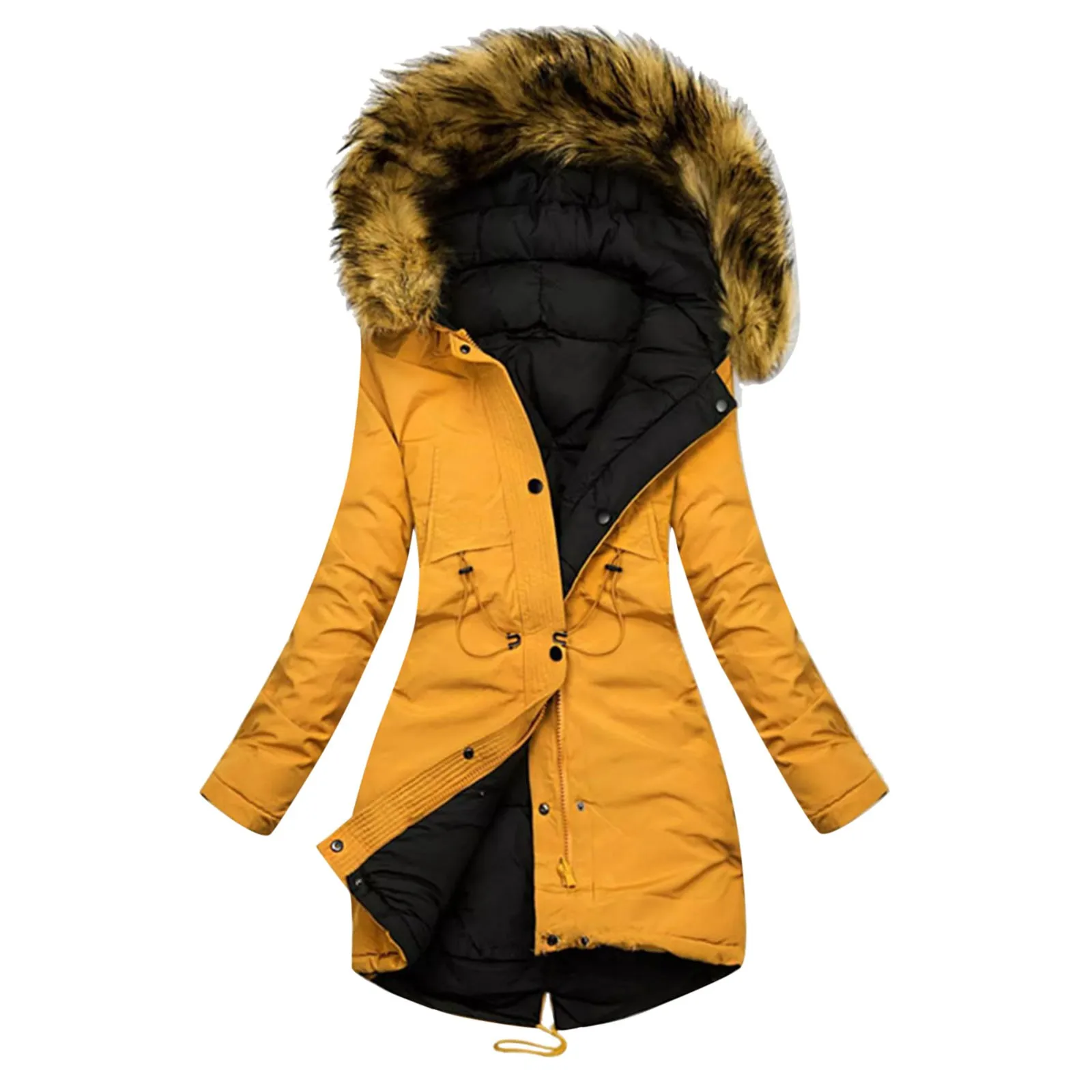 Women Furry Hooded Cotton Coat Winter Thickened Warm Coat Mid Length Fall Jackets For Women Solid Drawstring Windproof Coats